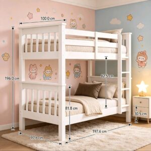 Single Wooden Bunk Bed for Kids with Safety Guard Rails & Ladder, Solid Wood Children's Bed Frame, Natural Finish