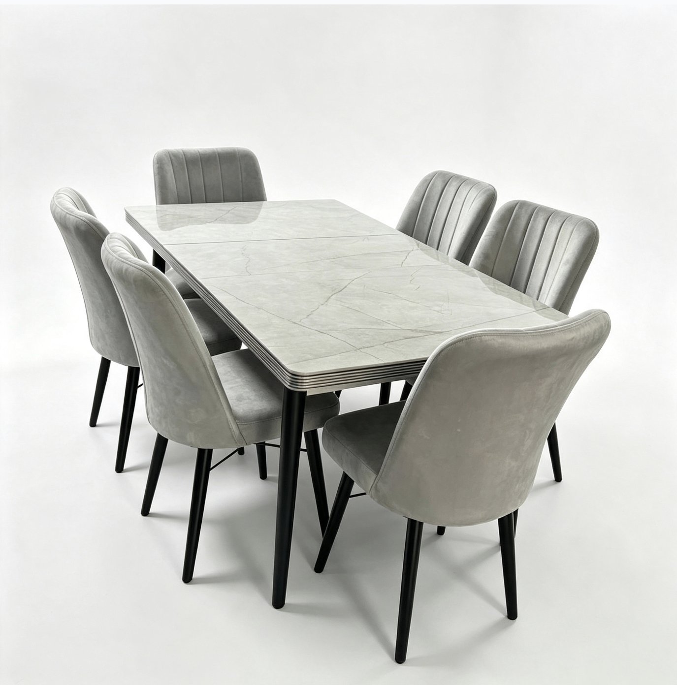 Modern Dining Table Set for 6 with Upholstered Grey Chairs