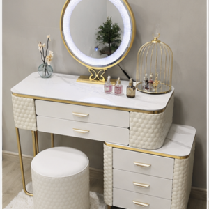 Modern White High Gloss LED Vanity Dressing Table with Mirror, Stool & 5 Drawers